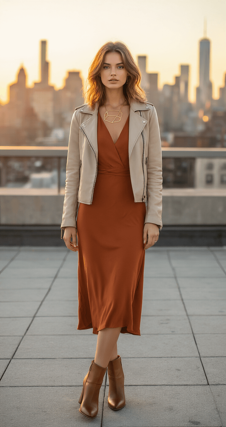 Fall Wedding Guest Dresses: Your Ultimate Style A model in a rust-colored heavy crepe tea-length dress, ankle boots, and a light leather jacket poses on a modern urban rooftop at sunset, with loose waves in her hair and geometric gold jewelry. The city skyline is visible in the background, bathed in warm autumn light, captured from street level.