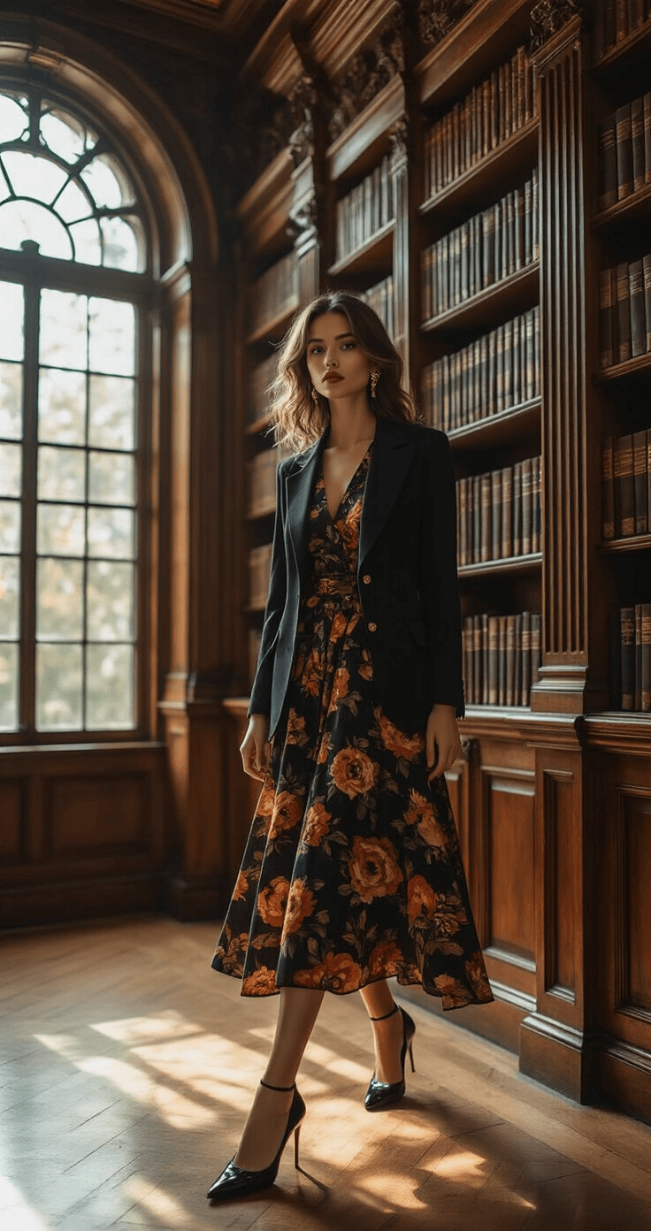 Fall Wedding Guest Dresses: Your Ultimate Style A cozy historic library with mahogany bookshelves and soft lighting from ornate windows. A subject in a dark floral midi dress with autumn tones and a black fitted blazer stands gracefully, complemented by patent leather pumps and vintage-inspired gold accessories, shot from a low angle to emphasize the sophisticated layering.