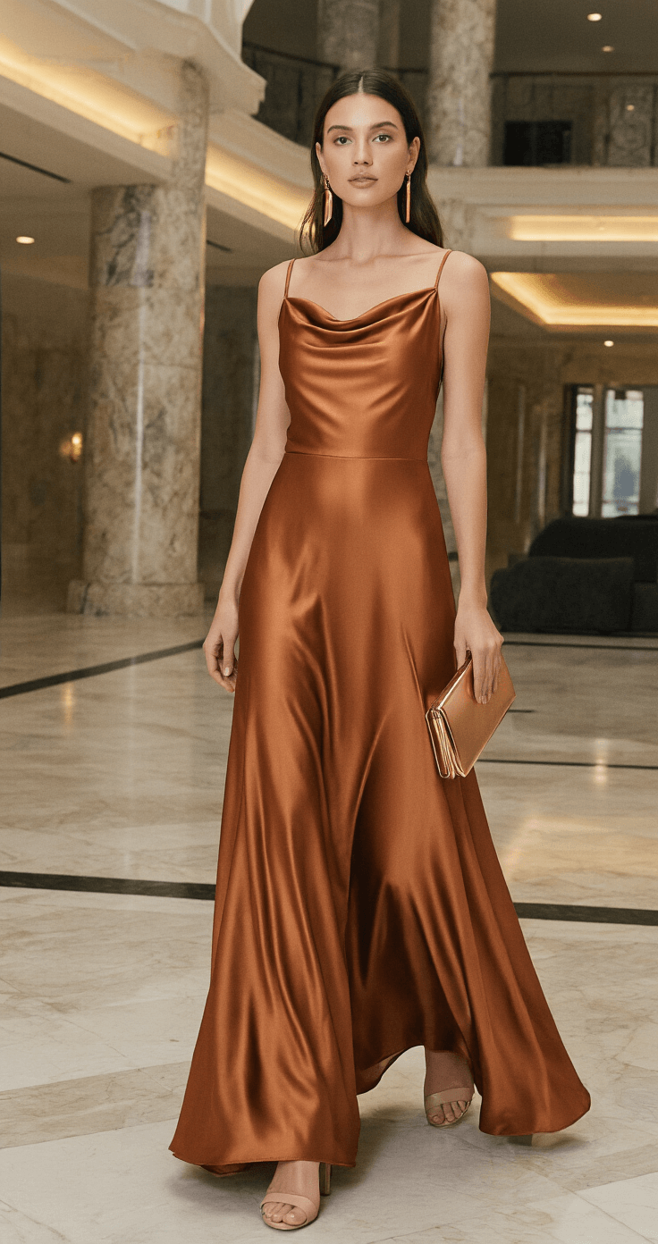 Fall Wedding Guest Dresses: Your Ultimate Style A woman in a copper-toned satin maxi dress with a cowl neckline and nude closed-toe heels stands in a contemporary hotel lobby with marble floors, where architectural lighting dramatically highlights her outfit. She accessorizes with bronze statement earrings and a sleek metallic clutch, captured from a slight elevation showcasing the full ensemble.
