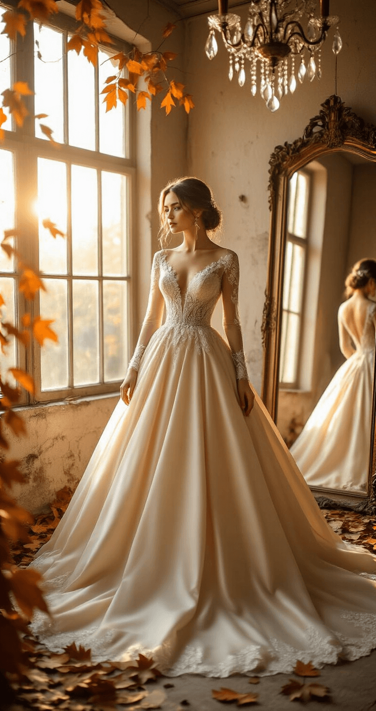 A bride in a champagne-colored silk ballgown with lace long sleeves stands in a rustic bridal boutique, illuminated by golden-hour sunlight streaming through large windows, surrounded by velvet autumn leaves, a vintage mirror, and a crystal chandelier.