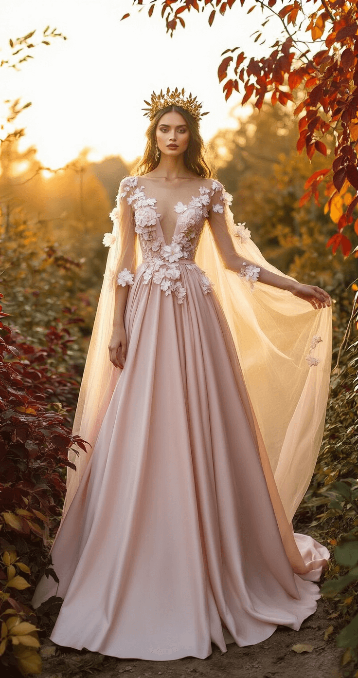 A model in a blush pink silk A-line gown with sheer sleeves and 3D floral appliques stands in a cozy autumn garden at sunset, wearing a gold leaf crown and a champagne tulle cape that billows in the breeze, surrounded by rich burgundy and amber foliage. The photo is shot from below, highlighting the movement and ethereal backlighting.