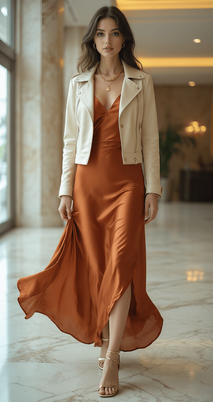 A woman in a rust-colored silk charmeuse slip dress and a fitted cream leather jacket stands in a modern hotel lobby with marble floors, dramatic lighting, and a low angle shot that captures the graceful movement of her outfit, complemented by a gold chain necklace and strappy metallic sandals.