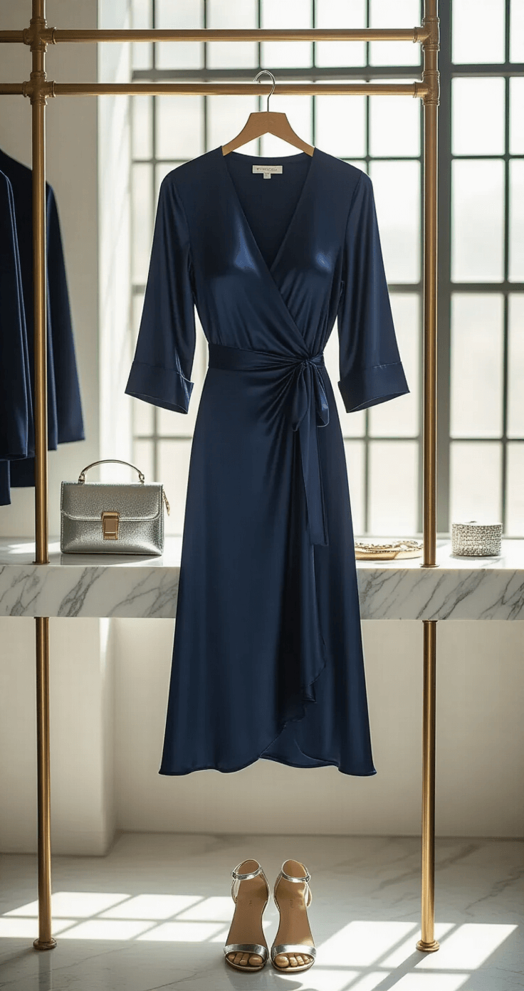 A modern minimalist dressing room featuring a navy blue satin wrap dress on a brass clothing rack, afternoon light casting geometric shadows from gridded windows, styled with silver accessories, a marble vanity displaying curated jewelry pieces, and an emphasis on clean lines and luxe textures.