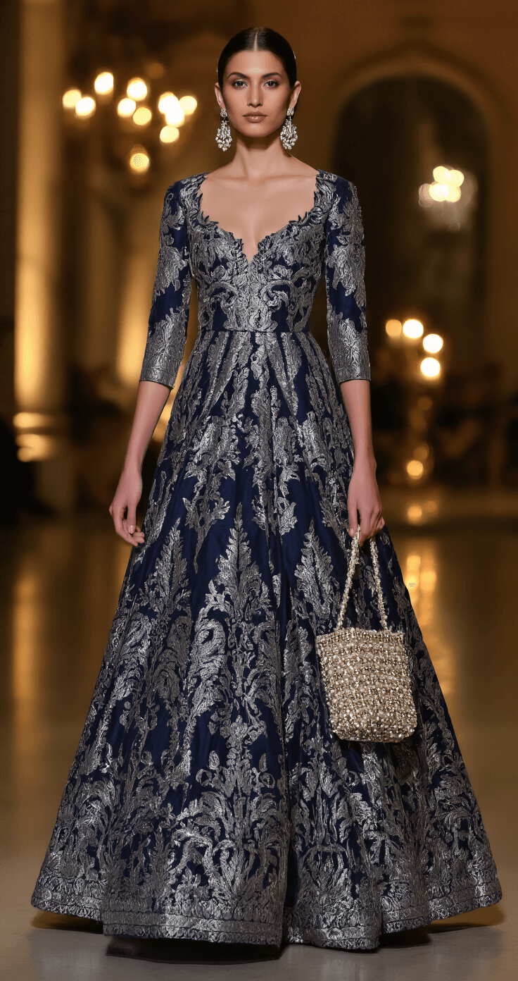 A woman in a navy and silver jacquard gown with three-quarter sleeves stands in a candlelit evening venue, showing off the dress's flattering silhouette and luxurious texture, accessorized with vintage drop earrings and a beaded evening bag.