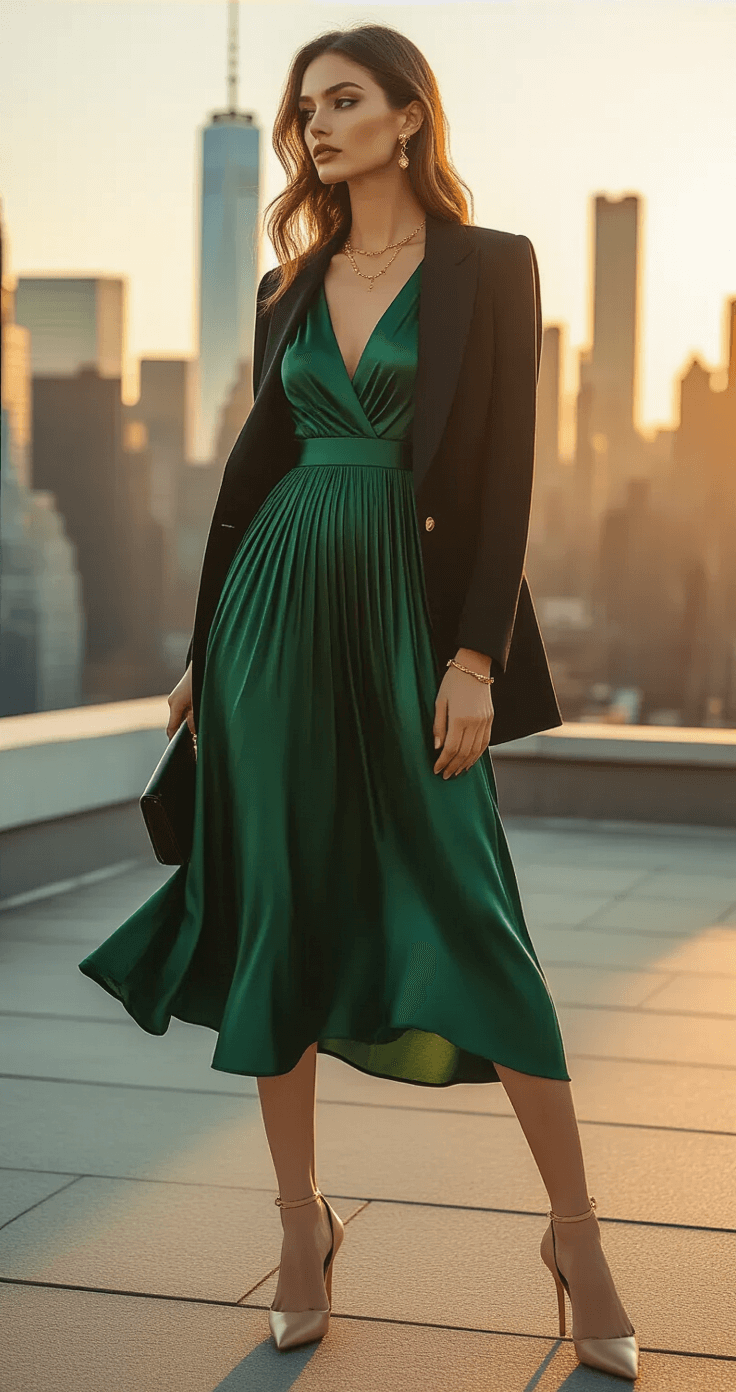 Fall Wedding Guest Style: Your Ultimate Guide to Cocktail Dress Shopping Model in an emerald green satin midi dress with pleating, styled with gold jewelry and a black blazer, posing on an urban rooftop at golden hour against a city skyline, with warm sunlight accentuating the dress's sheen and a leather clutch matching her nude pumps.