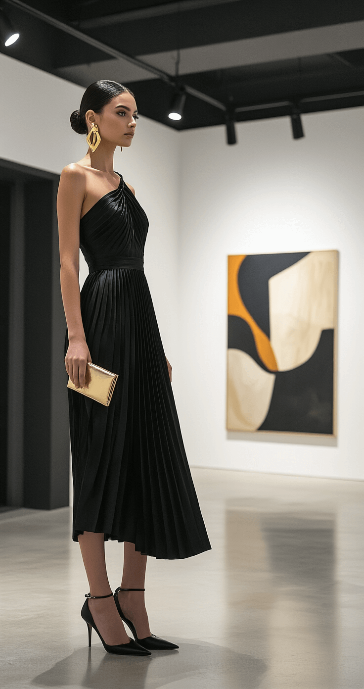 Fall Wedding Guest Style: Your Ultimate Guide to Cocktail Dress Shopping Model in a black satin midi dress with architectural pleating stands in a contemporary art gallery with white walls and polished concrete floors, showcasing statement gold earrings, a sleek updo, black pointed stilettos, and a small metallic clutch, illuminated by modern track lighting that creates dramatic shadows against an abstract canvas.