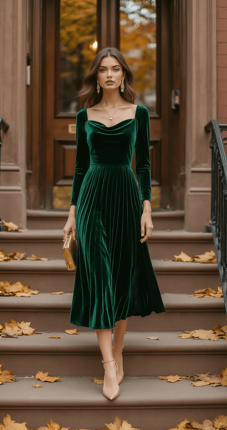 A slim model in an emerald green velvet midi dress stands in a historic brownstone entryway during golden hour, with natural light accentuating the fabric's texture. She wears gold statement earrings and a delicate necklace, with nude stilettos and a structured gold clutch. Autumn leaves scatter the steps behind her, captured with dreamy bokeh in the background.