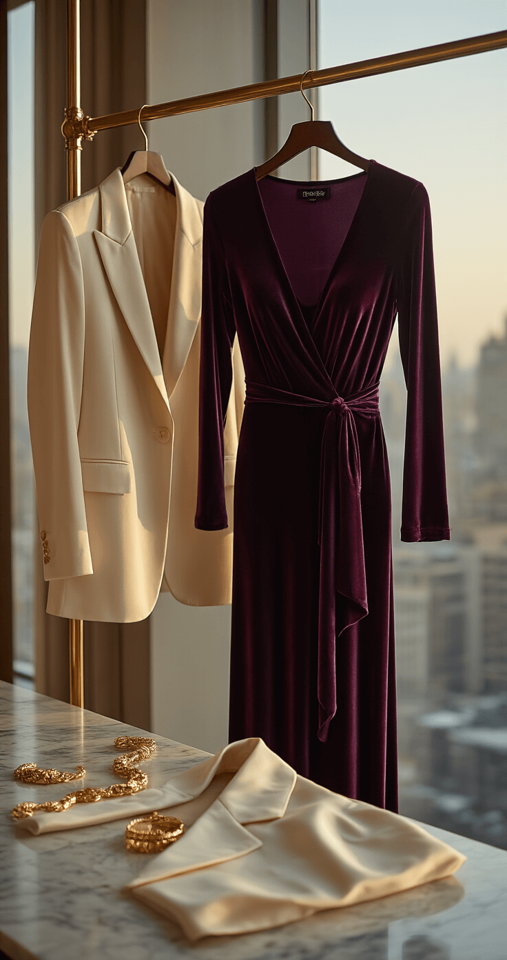 A minimalist hotel suite featuring floor-to-ceiling windows and warm interior lighting. A plum-colored velvet gown hangs on a brass rack, while a cream silk blazer and gold accessories are arranged on a marble counter, creating elegant shadows. The image has a soft-focus effect.