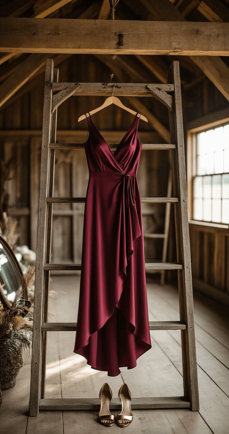 A burgundy silk wrap dress hanging from a vintage ladder in a rustic-luxe barn, with morning light streaming through wooden beams; bronze accessories and metallic heels arranged below, reflected in an antique mirror for added depth, surrounded by natural materials and rich fabrics.