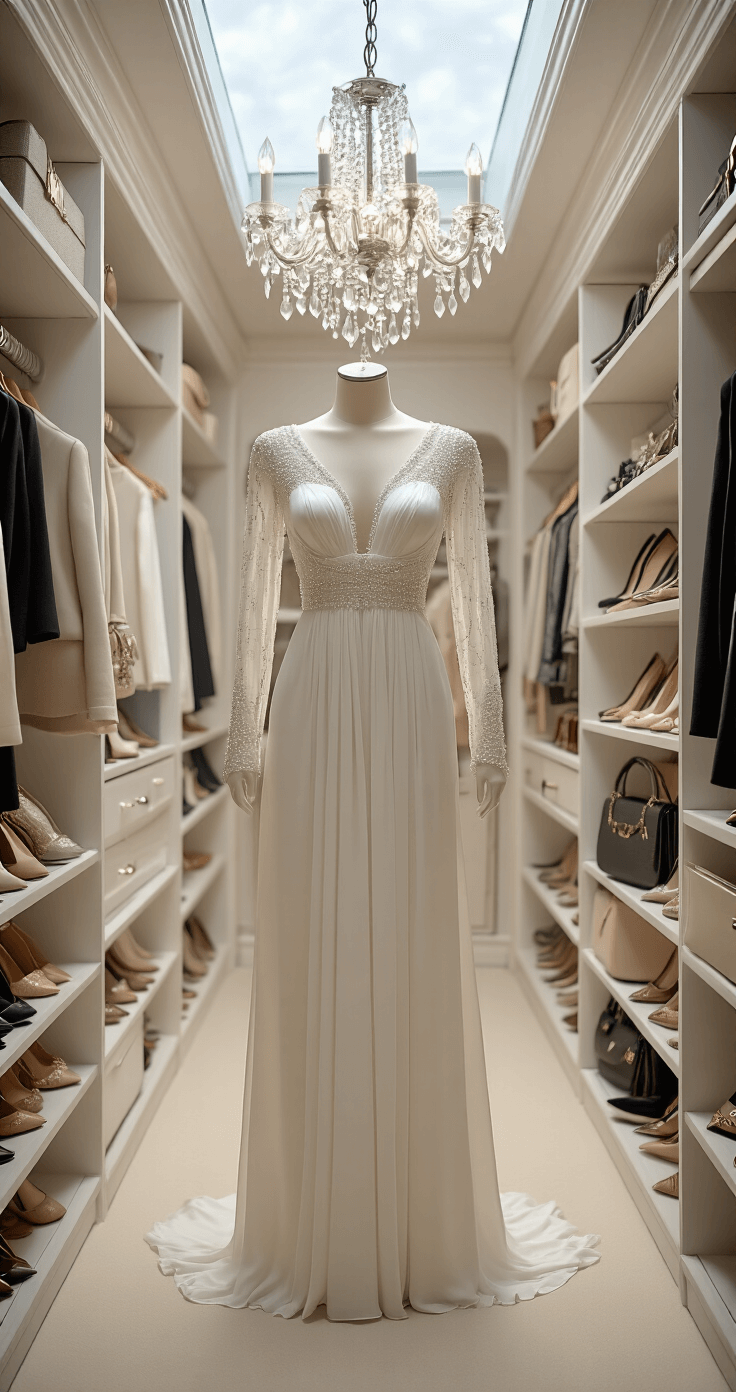 Winter Wedding Guest Dresses: Your Ultimate Style Luxurious walk-in closet featuring a winter white gown on a mannequin, designer shoes and handbags neatly arranged, illuminated by ambient afternoon light from a skylight and a sparkling crystal chandelier.