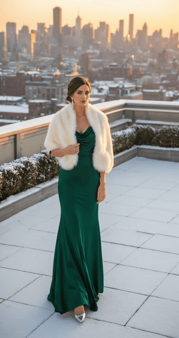 Winter Wedding Dress: What to Wear & How to Style It A wedding guest in an emerald green satin gown with a cowl neckline and crystal drop earrings stands on a rooftop terrace with a snow-dusted cityscape behind her, draped in a cream faux fur stole as golden hour sunlight casts a warm glow.