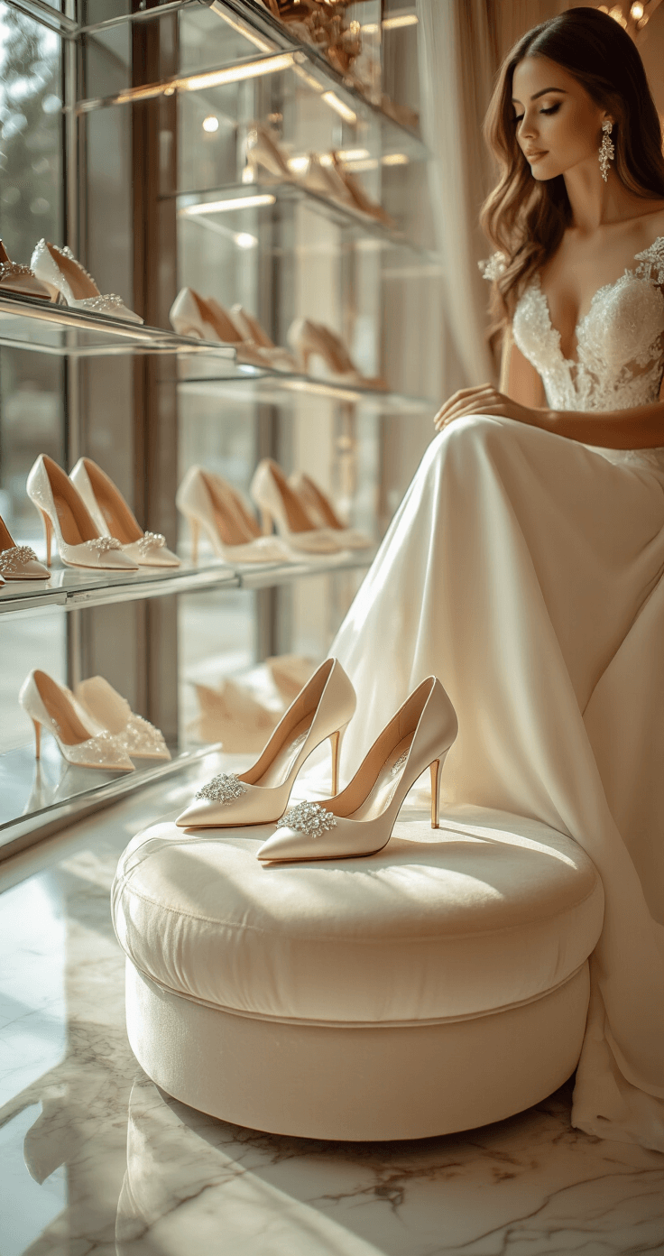 A bride trying on ivory velvet pumps with crystal embellishments, seated on a cream ottoman in a luxury bridal boutique with floor-to-ceiling windows. The scene features illuminated glass shelves displaying various wedding shoes, accentuated by warm ambient lighting and rich marble flooring.