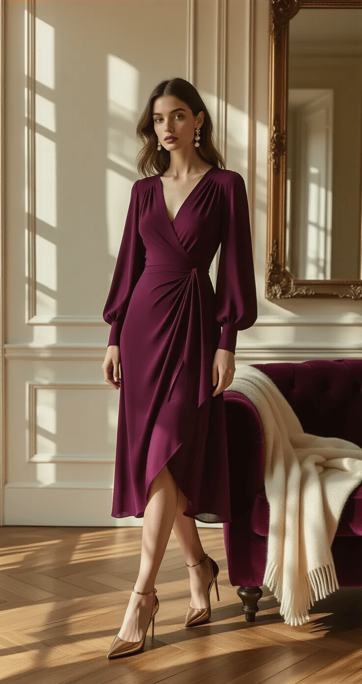 A sophisticated living room with herringbone wooden floors and vintage mirrors, featuring a woman in a plum-colored midi wrap dress with pleating and balloon sleeves, bronze metallic heels, and pearl drop earrings, adjusting her outfit in the late afternoon light. A cream cashmere wrap drapes over a velvet armchair, highlighting rich textures and dramatic shadows.