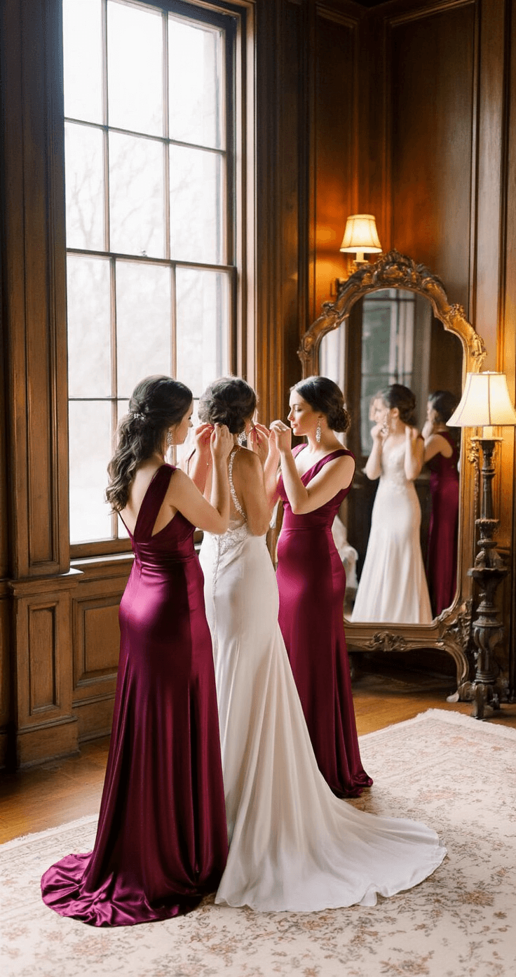 WINTER BRIDESMAID DRESSES: YOUR COMPLETE GUIDE TO COLD-WEATHER WEDDING STYLE Intimate pre-wedding scene in a historic mansion's master suite with three bridesmaids in rich wine and rose gold satin dresses adjusting crystal drop earrings, illuminated by soft light through frosted windows, reflected in vintage mirrors.