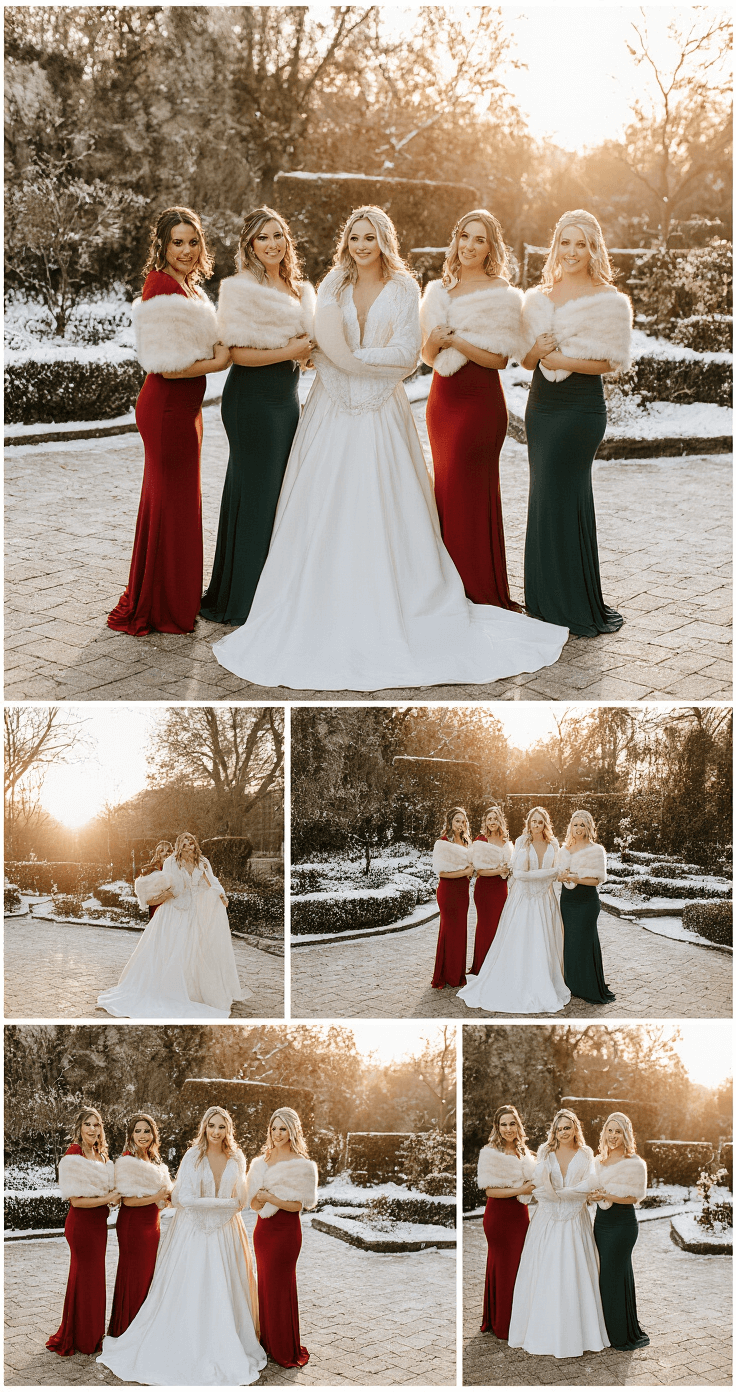 WINTER BRIDESMAID DRESSES: YOUR COMPLETE GUIDE TO COLD-WEATHER WEDDING STYLE Atmospheric winter wedding scene at golden hour featuring five bridesmaids in jewel-toned gowns with cream faux fur stoles, standing gracefully on a snow-dusted garden terrace, illuminated by soft sunlight.