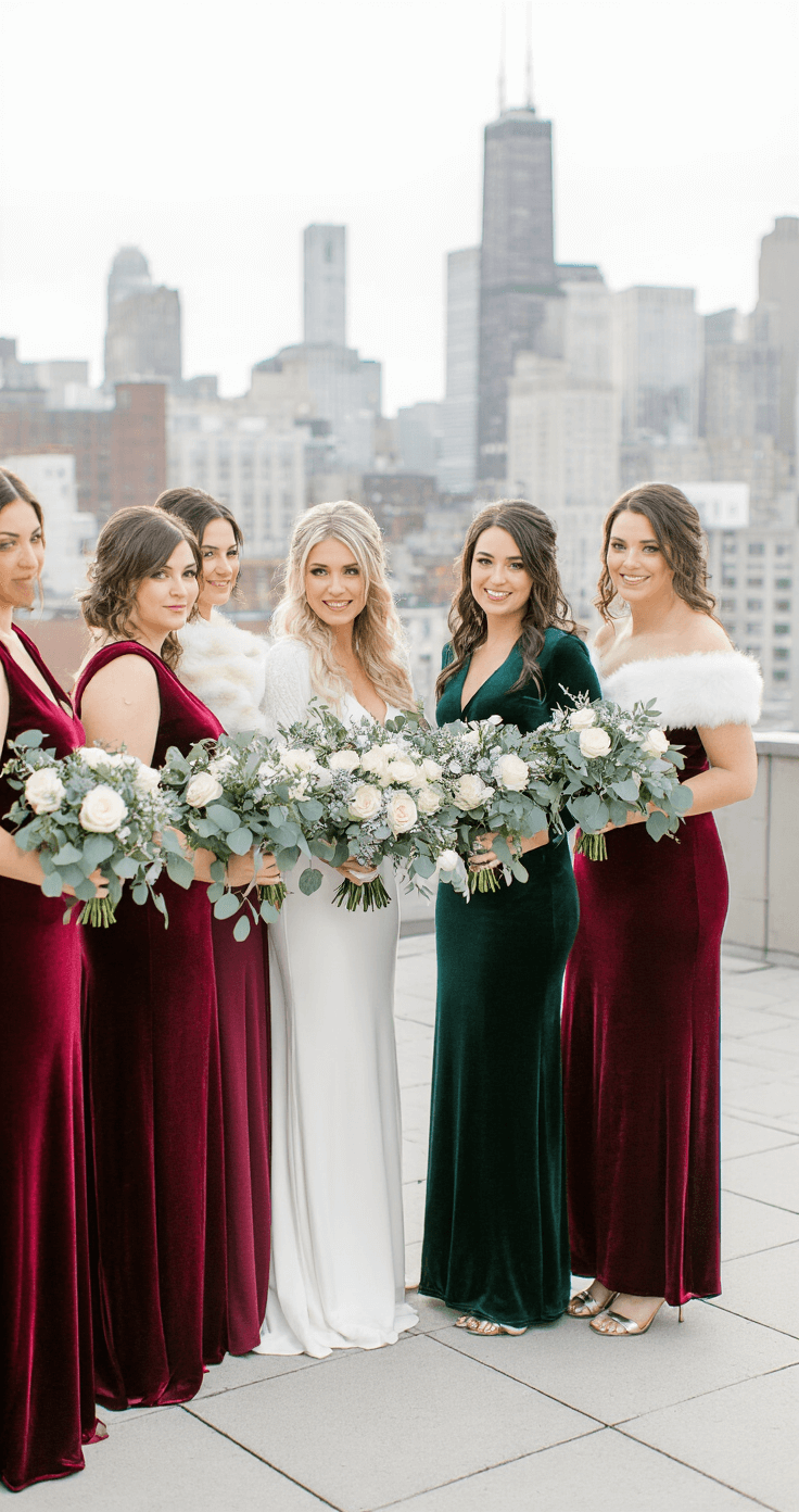 WINTER BRIDESMAID DRESSES: YOUR COMPLETE GUIDE TO COLD-WEATHER WEDDING STYLE Urban rooftop wedding ceremony with bridesmaids in velvet gowns holding winter bouquets, against a dramatic city backdrop in late afternoon winter light.