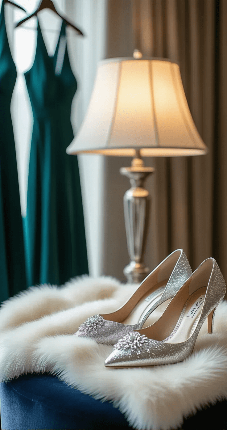 WINTER BRIDESMAID DRESSES: YOUR COMPLETE GUIDE TO COLD-WEATHER WEDDING STYLE Elegant hotel suite dressing room featuring soft lamp and window light, highlighting a plush velvet ottoman displaying crystal drop earrings, silver heeled pumps, and draped cream and silver faux fur wraps, with dark emerald and navy dresses hanging in the background.