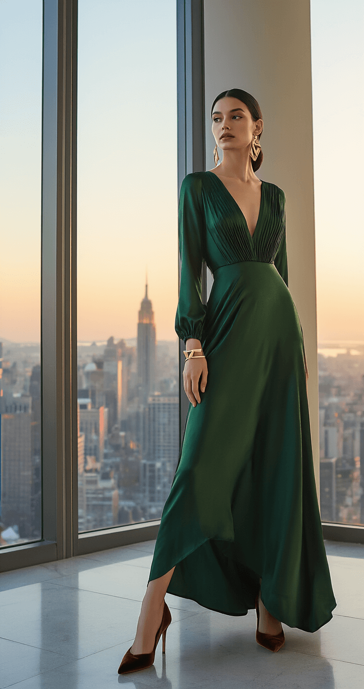 What to Wear to an October Wedding: Your Complete Style for Fall Wedding Season A model in a forest green satin maxi dress with long sleeves stands in a minimalist hotel suite, framed by floor-to-ceiling windows showcasing a sunset cityscape. She wears geometric gold jewelry and deep chocolate brown velvet pumps, with her hair styled in an elegant low chignon. The image is captured with a 70-200mm lens, emphasizing the dress against the modern architecture backdrop.