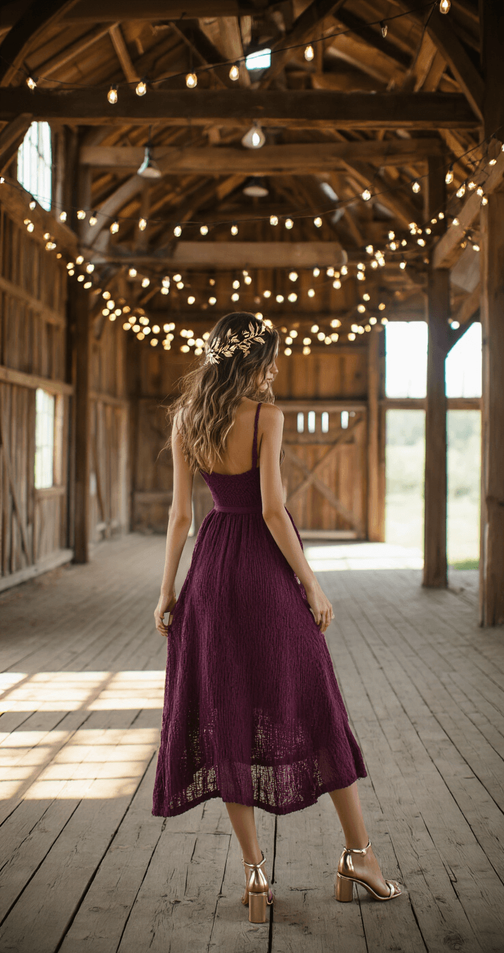What to Wear to an October Wedding: Your Complete Style for Fall Wedding Season A model in a plum-colored textured knit midi dress and metallic heeled sandals stands inside a rustic-elegant barn, featuring exposed wooden beams and market lights. A delicate gold leaf hair accessory sparkles in the natural light streaming through the windows, casting dramatic patterns on the wooden interior.