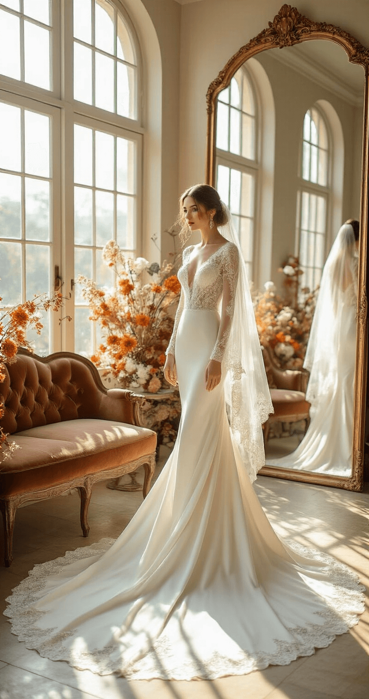 October Wedding Dresses: Your Complete A beautifully designed bridal boutique interior bathed in morning light, featuring a bride in an ivory crepe gown with pearl buttons and gold undertones, surrounded by mirrors, velvet seating, and autumn-toned florals, with a vintage lace-trimmed cathedral veil draped nearby.