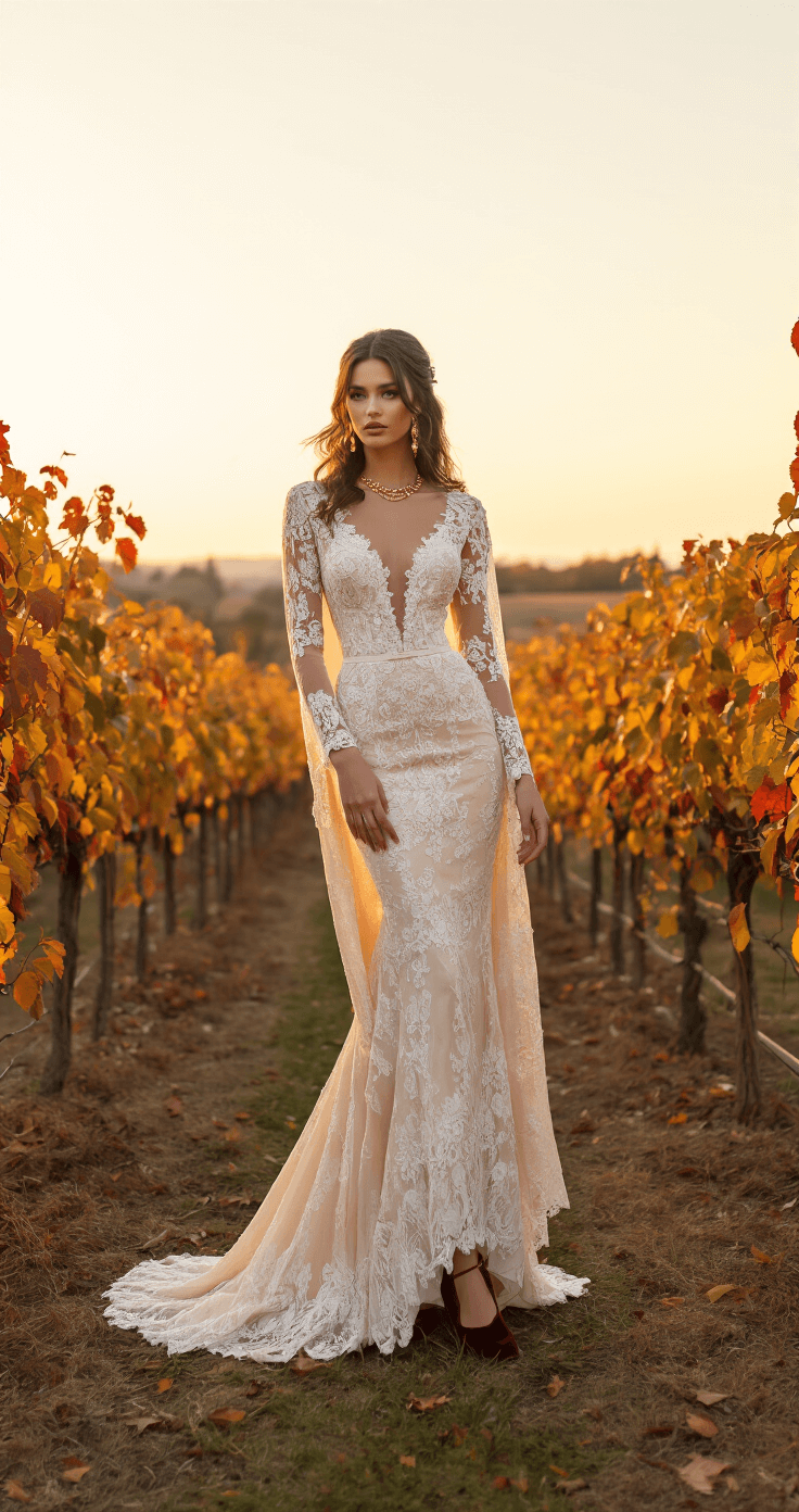 October Wedding Dresses: Your Complete A bridal portrait during golden hour in a rustic vineyard, featuring a model in a fitted champagne gown with long lace sleeves and a detachable cape, accessorized with rose gold jewelry and velvet burgundy shoes, set against vibrant autumn foliage in amber and crimson. The angle of the shot elongates the silhouette, capturing the warm evening light.