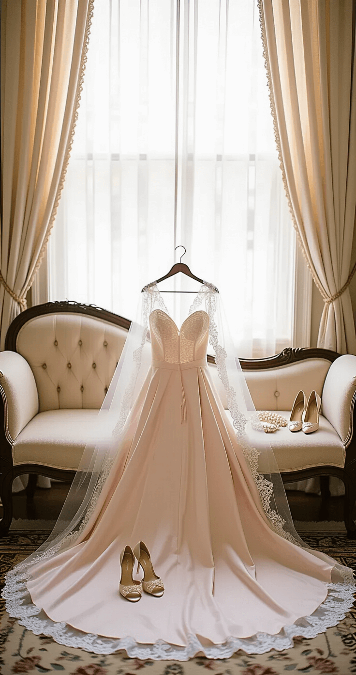 October Wedding Dresses: Your Complete Aerial view of a Victorian bridal suite featuring a blush wedding gown with velvet accents on a vintage chaise lounge, alongside pearl drop earrings, gold-toned hair pieces, and ivory velvet shoes, with a delicate lace-trimmed cathedral veil draping over the edge, all softly illuminated by natural light through sheer curtains.