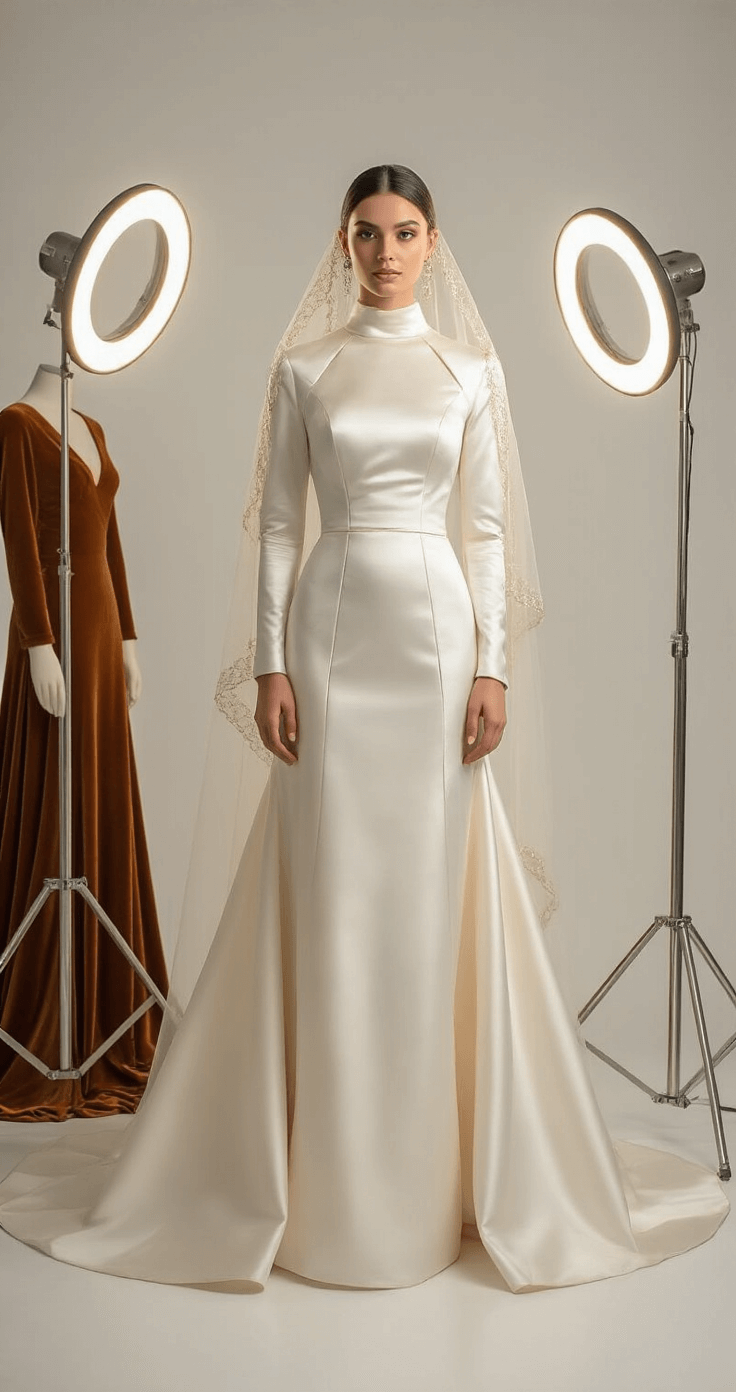 October Wedding Dresses: Your Complete A bride in a structured satin gown with architectural seams and long sleeves stands in a modern minimalist bridal boutique fitting area, illuminated by a floor-mounted ring light. The gown is warm ivory, complemented by earth-toned velvet accessories and a metallic thread-embroidered veil, set against clean white walls and metallic accents.