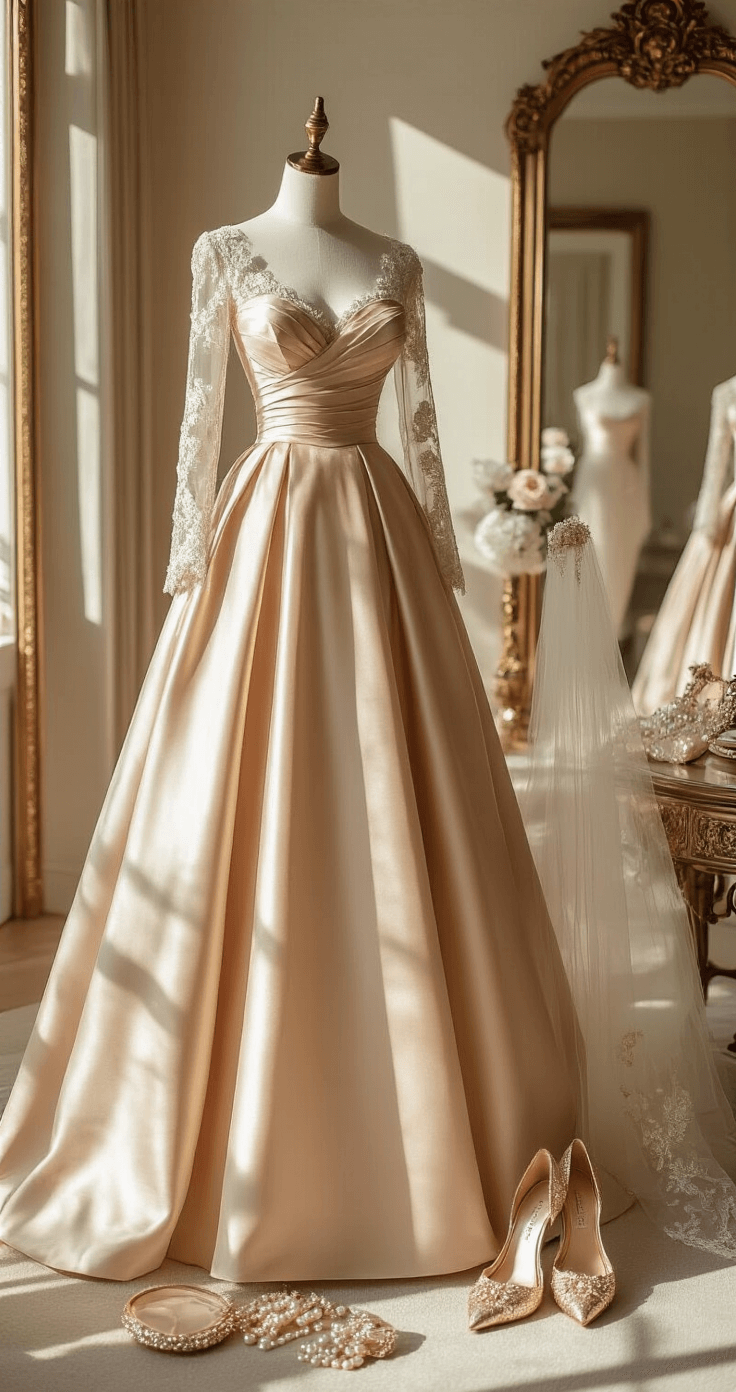October Wedding Dresses: Your Complete A luxurious hotel suite preparation scene featuring a champagne-colored ball gown with a structured Mikado silk bodice and long sleeves on a designer dress form. Nearby, rose gold accessories, pearl-encrusted shoes, and a vintage-inspired veil are beautifully arranged. The room is adorned with elegant furnishings and mirrors, all illuminated by mid-morning light creating dramatic shadows.