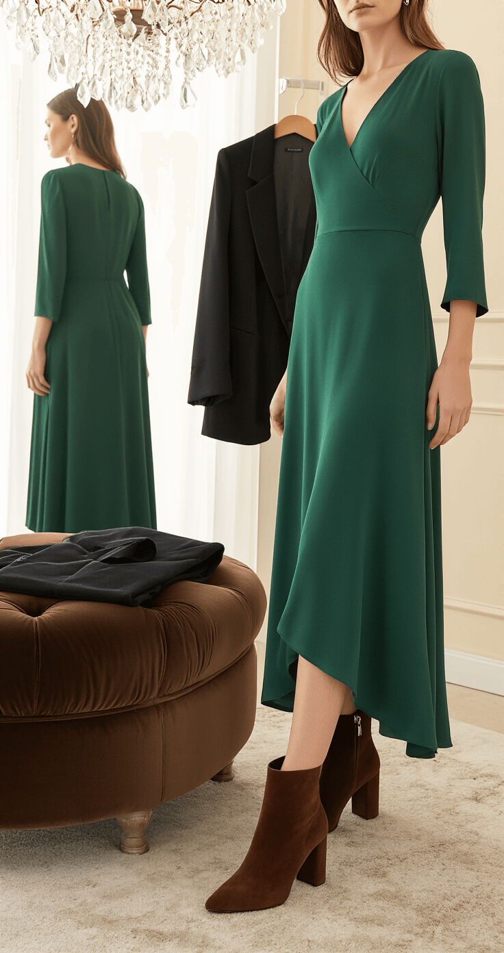 A chic boutique dressing room bathed in diffused afternoon light, featuring a person styling a forest green crepe maxi dress with block-heeled chocolate suede ankle boots, a tailored black blazer on a velvet ottoman, and a sparkling crystal chandelier casting elegant light on the outfit.
