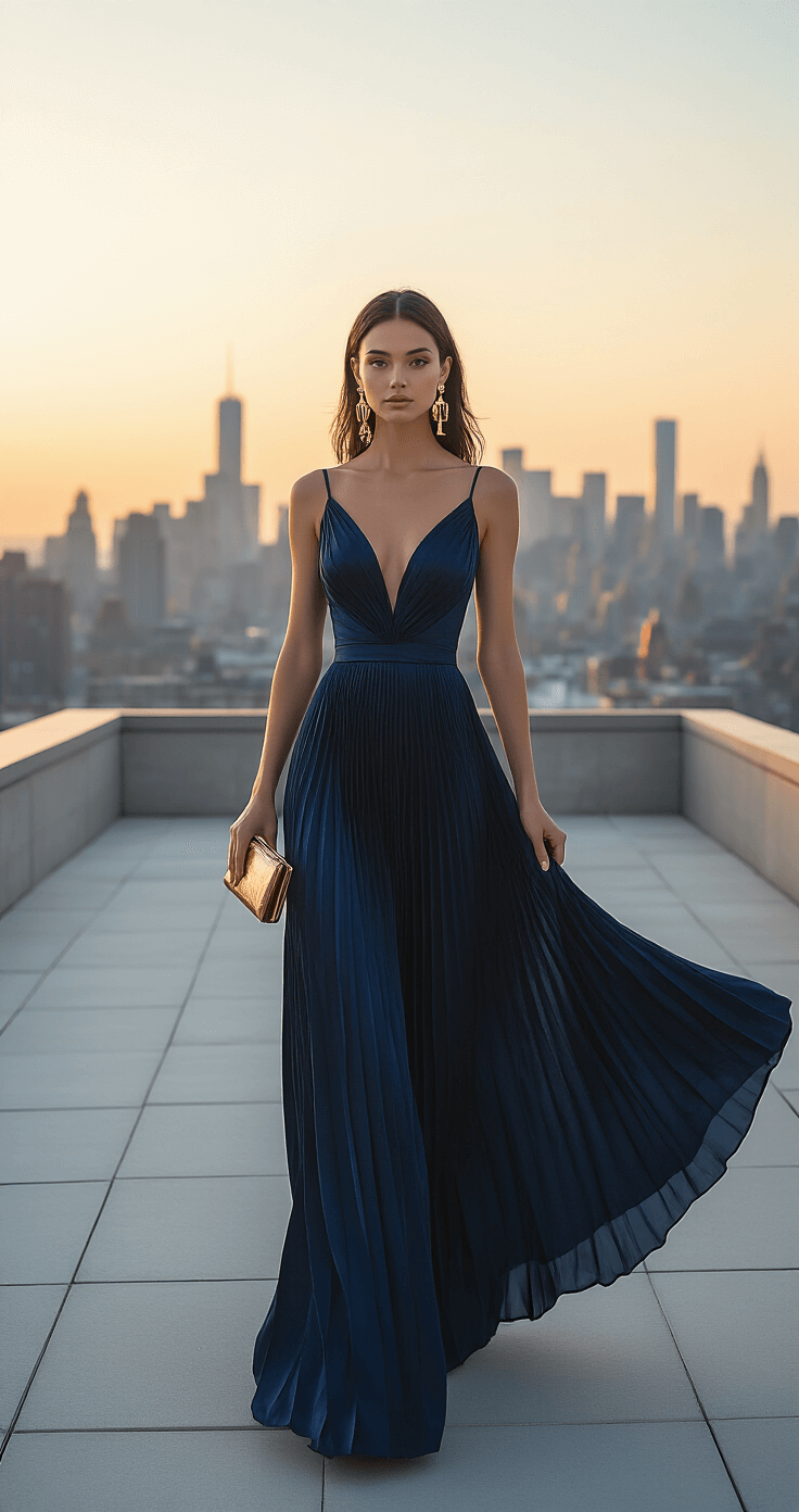 Model in a navy blue structured satin dress with architectural pleating, accessorized with gold drop earrings and a metallic clutch, poses against a city skyline at sunset. The evening breeze gently moves the fabric, creating a sophisticated silhouette in natural backlighting.