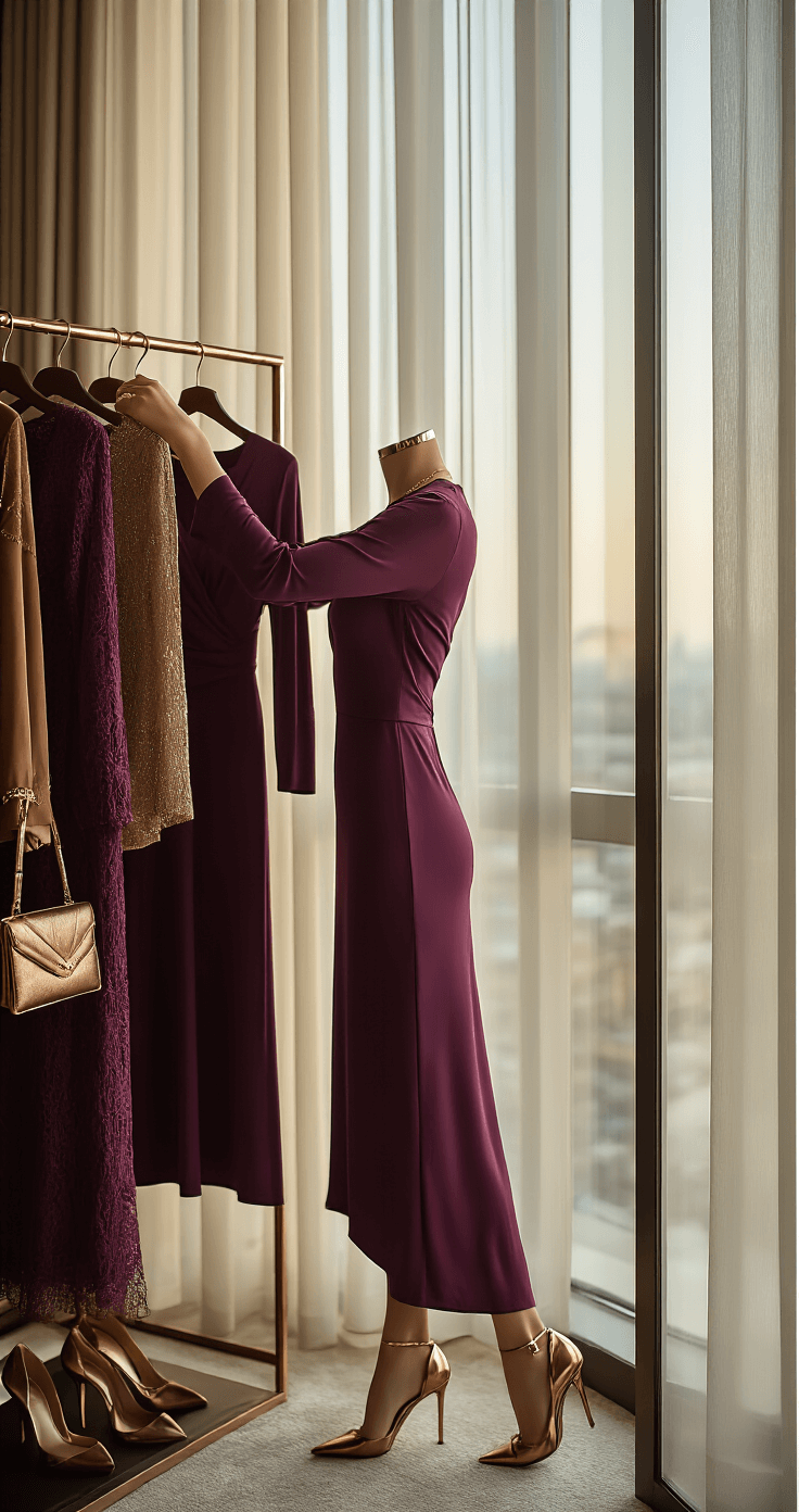 Luxury hotel suite interior with floor-to-ceiling windows, featuring a subject arranging a rich plum long-sleeve dress on a designer wardrobe rack, surrounded by bronze heels, a structured metallic clutch, and minimal gold jewelry, with soft morning light filtering through sheer curtains, highlighting fabric texture and accessory arrangements.