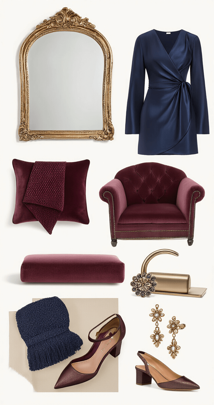 Close-up flat lay of a sophisticated navy and burgundy outfit featuring a structured dress with a subtle sheen, alongside coordinating accessories including a jewel-toned wrap, bronze heels, and artisanal jewelry, all set in an intimate boutique with vintage mirrors and plush seating. Soft spotlight emphasizes the texture variations.