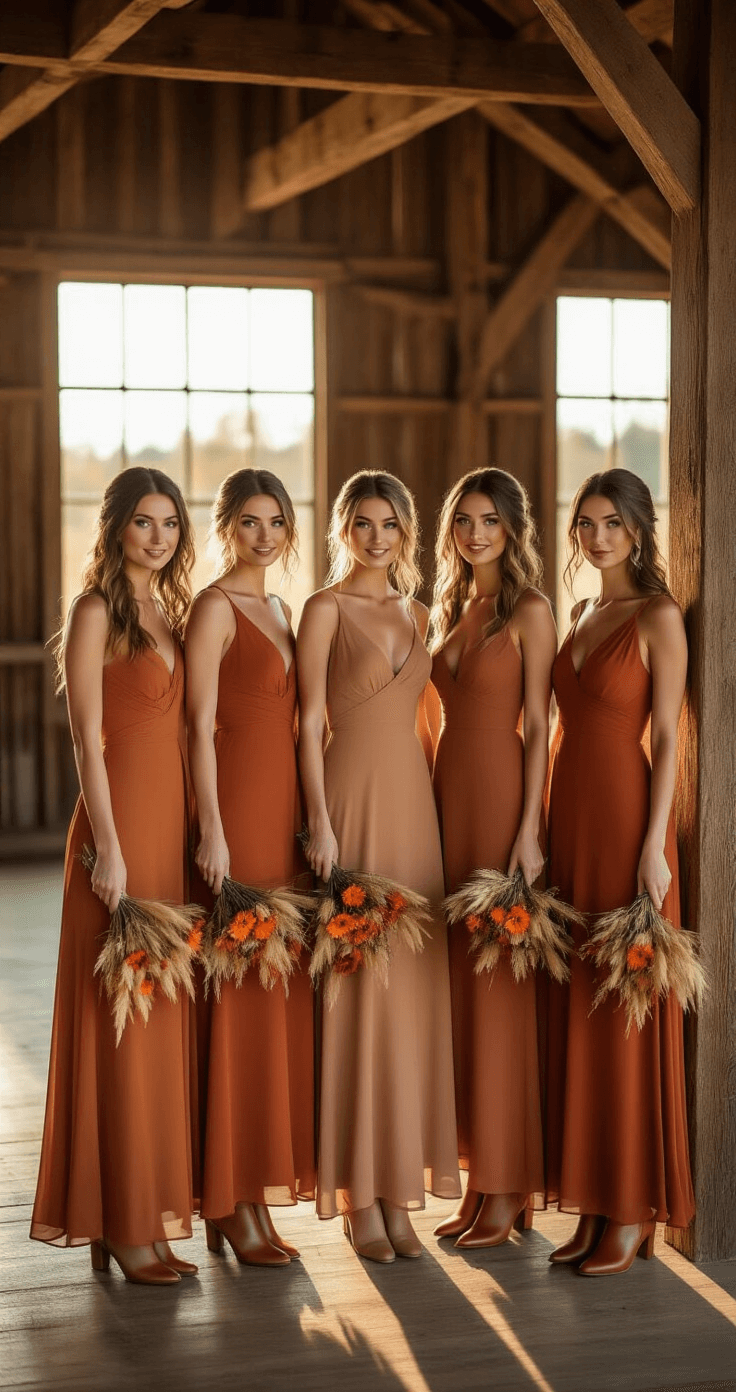 October Bridesmaid Dresses: Your Complete Guide to Fall Wedding Colors A sunlit rustic barn interior showcasing five bridesmaids in varying shades of burnt orange and terracotta crepe dresses, each with a unique neckline and floor-length design. They stand near wooden beams, with natural light illuminating their attire. Each holds a small bouquet of dried wheat and orange dahlias, complemented by soft leather ankle boots. Shot with a Canon 5D Mark IV, emphasizing a shallow depth of field.