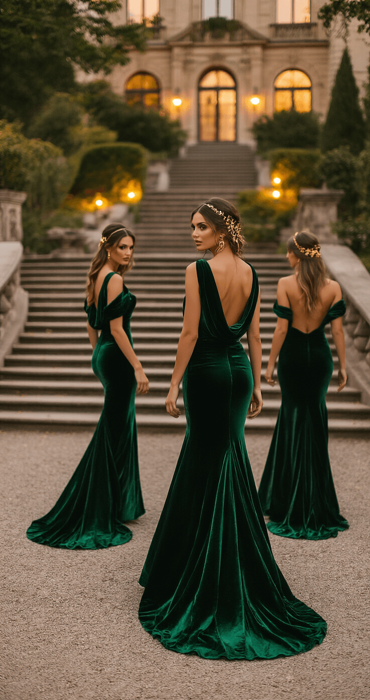 October Bridesmaid Dresses: Your Complete Guide to Fall Wedding Colors Three bridesmaids in luxurious emerald and forest green velvet gowns elegantly walk down dramatic architectural stairs in an estate garden at dusk, illuminated by warm landscape lighting. Their gowns feature cowl backs and subtle trumpet silhouettes, adorned with gold leaf hair accessories and delicate gold chain necklaces. The candid shot captures the movement of the velvet fabric from a slightly lower perspective, using a 35mm lens.