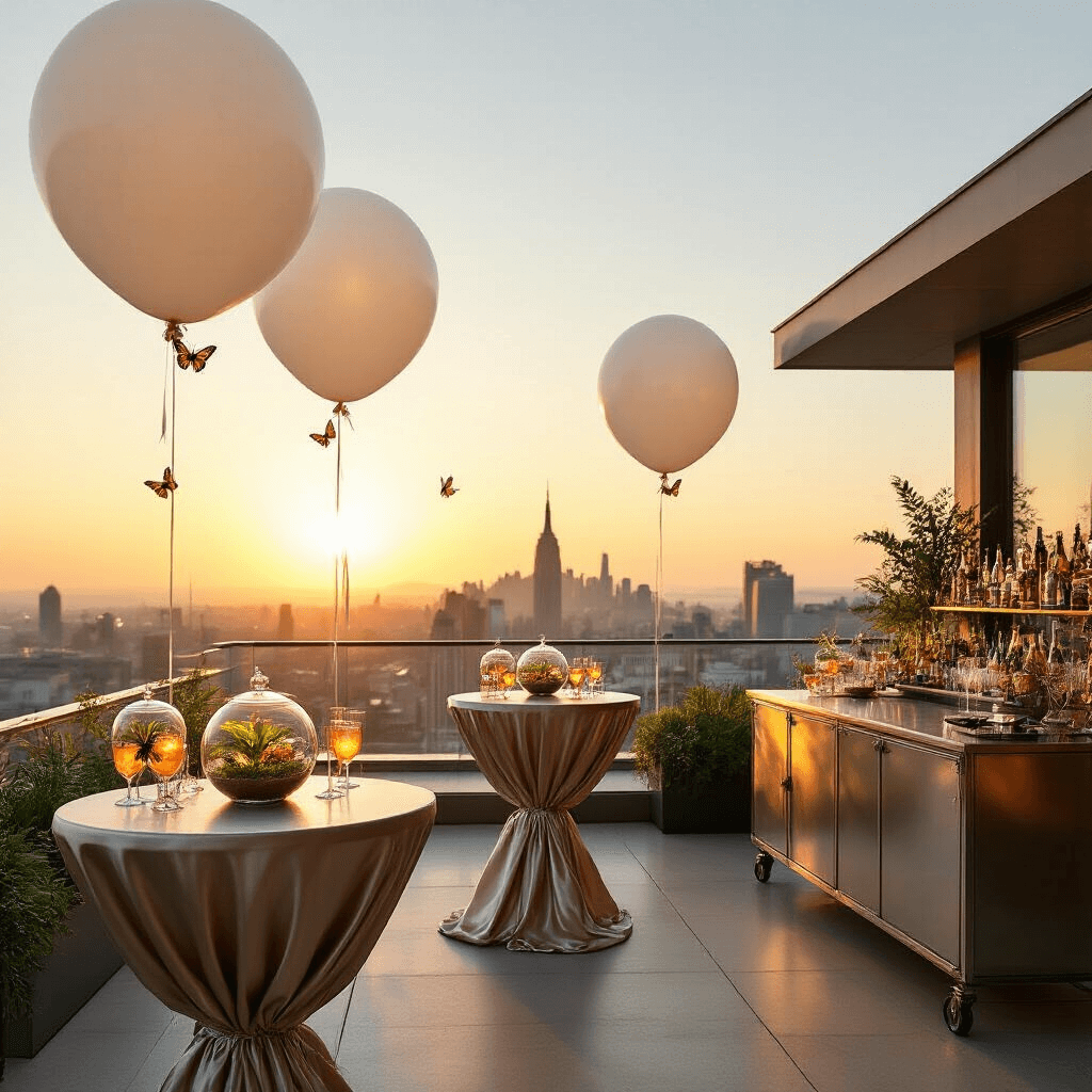 A modern rooftop terrace illuminated by a golden sunset, featuring high cocktail tables with metallic linens and glass terrariums filled with live butterflies. A sleek bar cart displays iridescent glassware and butterfly-themed cocktails, while oversized white balloons with butterfly silhouettes float in the air, all set against a stunning city skyline.