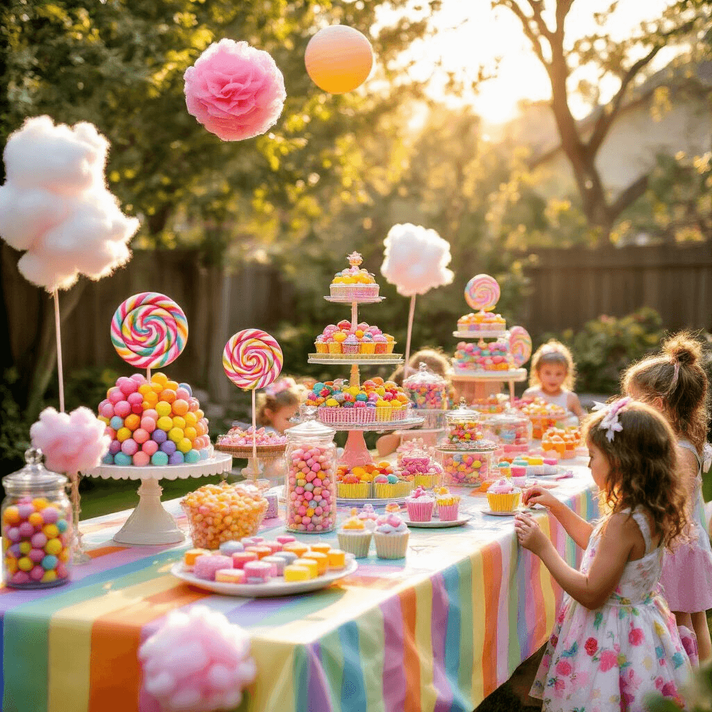 A whimsical Candyland-themed backyard party with a grand candy buffet table, colorful candies in glass jars, oversized lollipops, and children decorating cupcakes, all bathed in warm golden hour light.