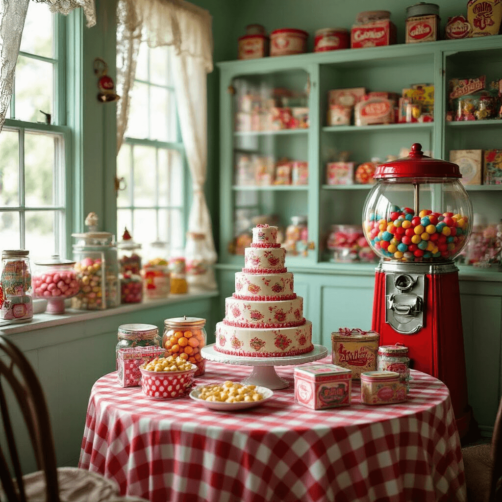 A cozy retro candy shop scene in a living room, featuring vintage glass display cases filled with nostalgic candies, a gumball machine, and a round table with a tiered birthday cake resembling stacked candy boxes, illuminated by soft afternoon light through lace curtains.