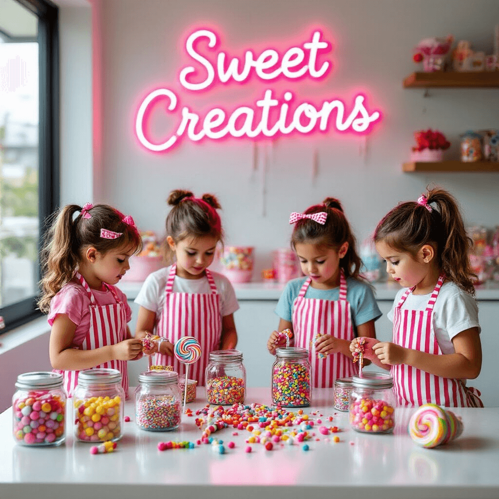 A colorful candy craft station in a modern apartment with children in candy-striped aprons decorating oversized lollipops and making candy necklaces, surrounded by jars of sprinkles and icing tubes, under a neon sign that says 'Sweet Creations'.