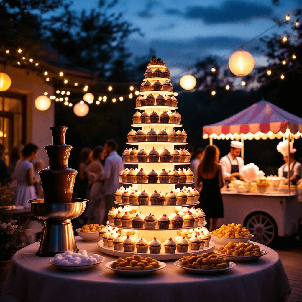 A magical dessert wonderland on a string-lit patio at twilight, featuring a towering illuminated cupcake display, a cascading chocolate fountain with dippable treats, and a vintage cotton candy cart, all under twinkling fairy lights and paper lanterns, with guests mingling in silhouette.