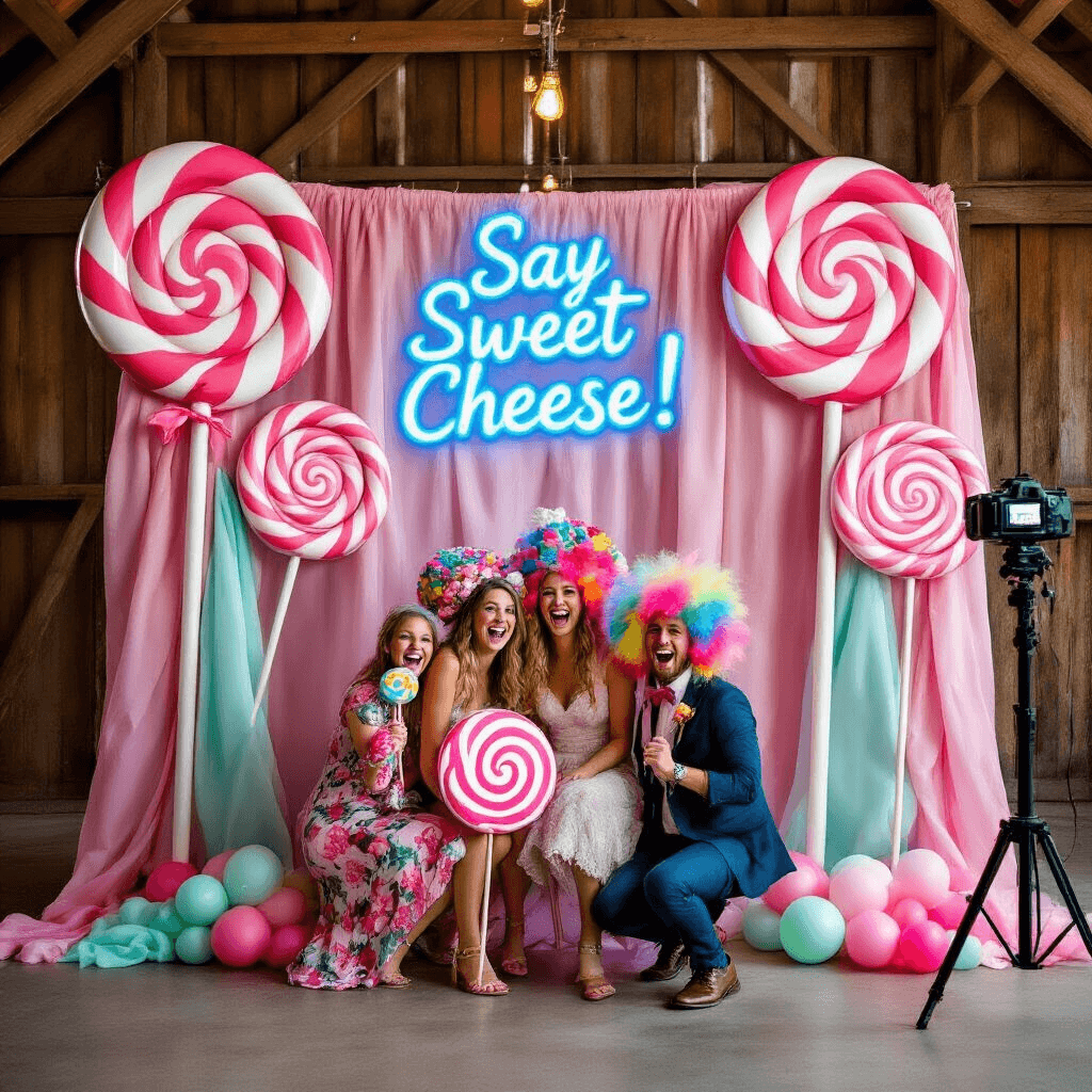 A vibrant candy-themed photo booth in a rustic barn, featuring oversized painted lollipops and candy canes, with partygoers posing with giant candy props and colorful wigs, accented by a neon 'Say Sweet Cheese!' sign and framed by pink and mint balloon garlands.