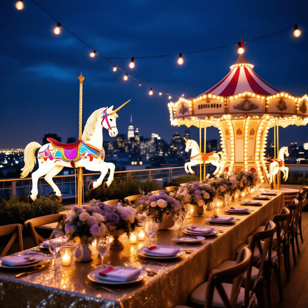 An enchanting rooftop carousel party at night, featuring twinkling fairy lights, oversized carousel horse silhouettes, long tables with gold linens, vintage music box centerpieces, soft lavender and cream floral arrangements, and a whimsical ticket booth backdrop against the city skyline.