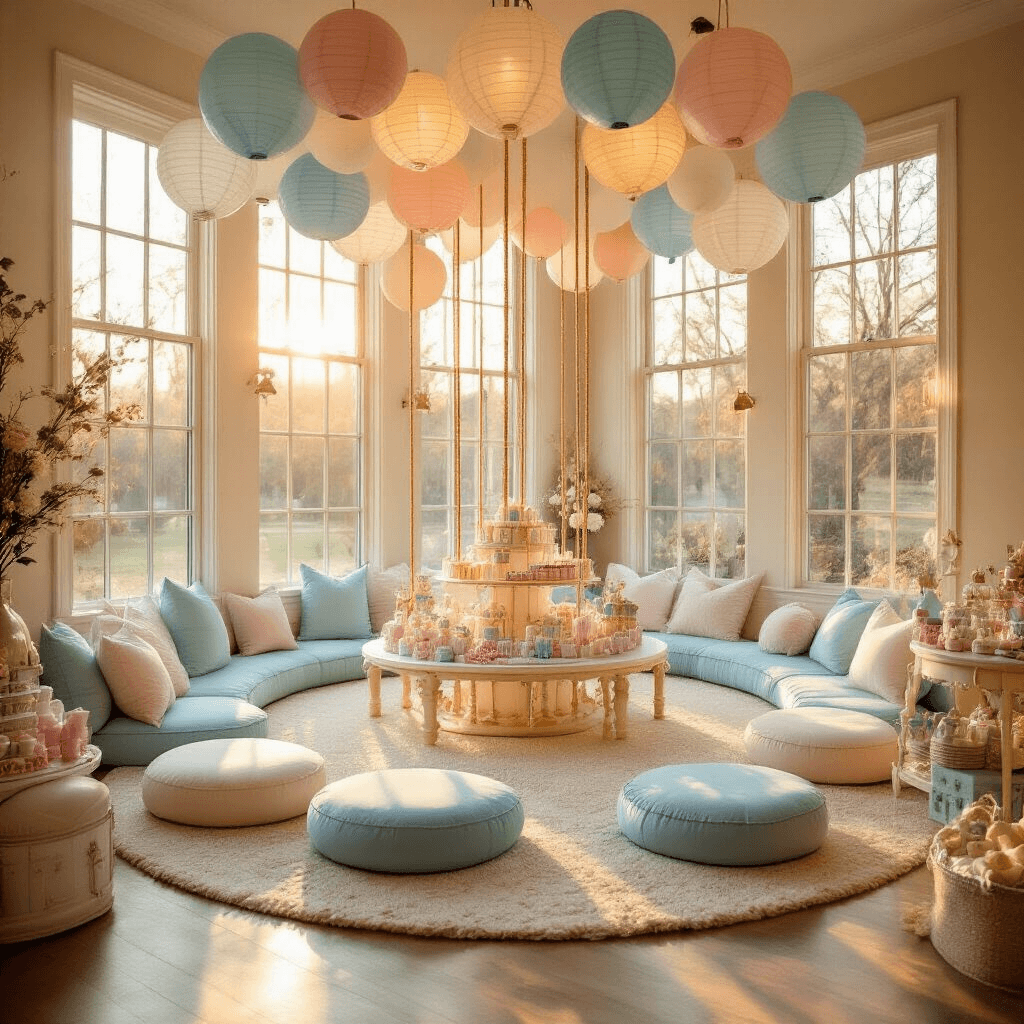 A cozy indoor celebration with a carousel theme, featuring low tables and plush cushions in baby blue and white, oversized pastel balloons and paper lanterns overhead, a DIY candy floss station in one corner, and a gift table adorned with carousel-inspired decor, all bathed in warm, golden hour light.