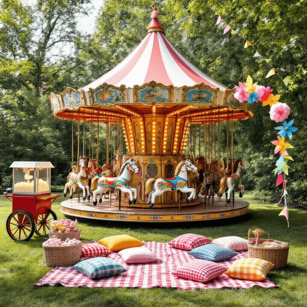 A vibrant outdoor carousel party in a lush backyard, featuring a large custom-built carousel, colorful horses, picnic seating with gingham blankets, carnival-themed pillows, a popcorn cart, cotton candy machine, oversized pinwheels, colorful streamers, and a balloon arch, all captured in a bright midday sun.