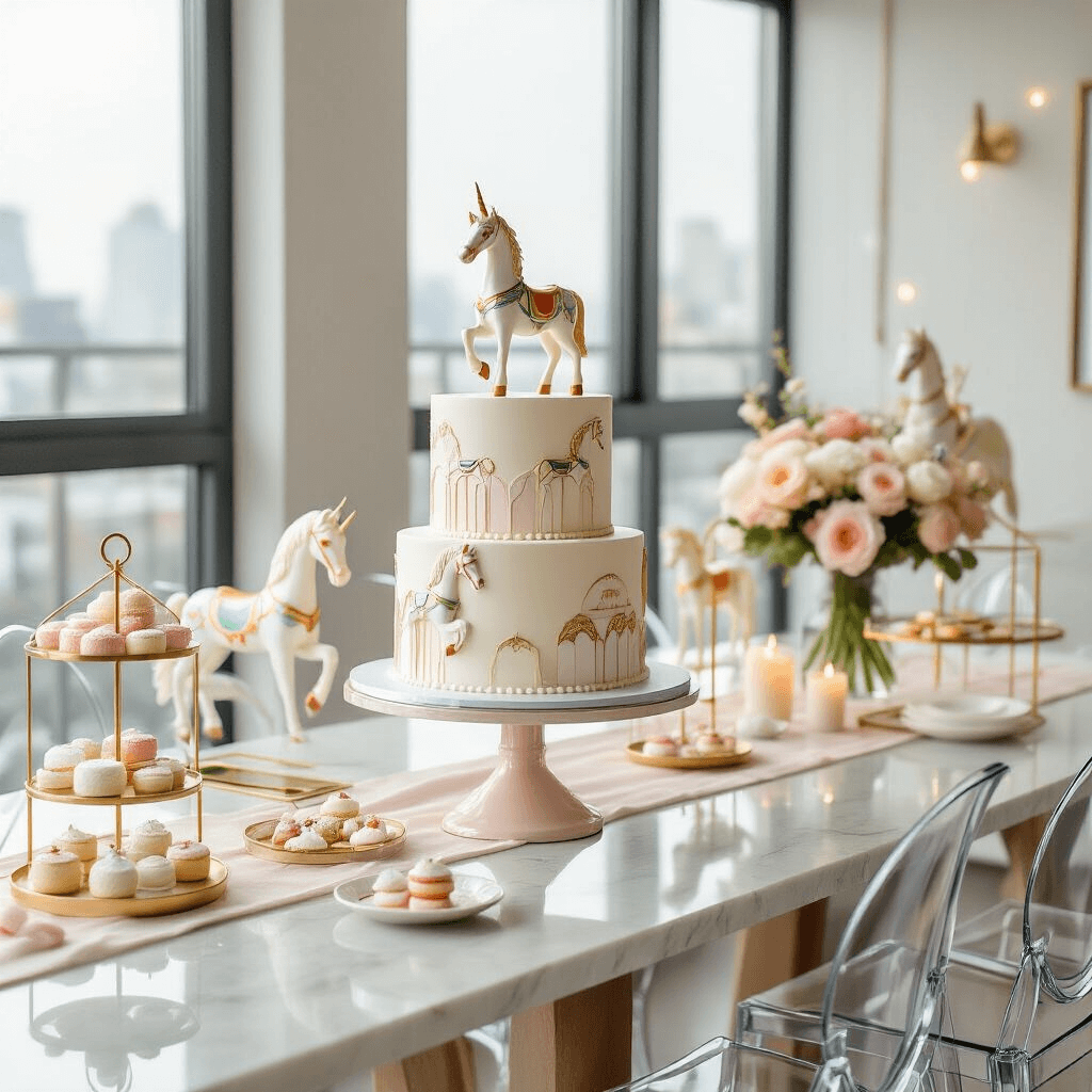 A minimalist carousel-themed dessert display in a modern apartment, featuring a statement cake with abstract carousel horse designs on a marble countertop, surrounded by pastel desserts on geometric gold stands, clear ghost chairs, a glass dining table with a fresh flower runner, and metallic carousel horse figurines, all illuminated by natural light from large windows.