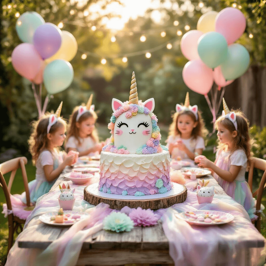 A whimsical caticorn-themed birthday party in a sun-drenched backyard featuring a pastel dreamscape with an elaborate caticorn cake on a rustic wooden table, surrounded by rainbow balloons, handmade paper flowers, and children wearing unicorn horns and cat ears playing under twinkling fairy lights in golden hour lighting.