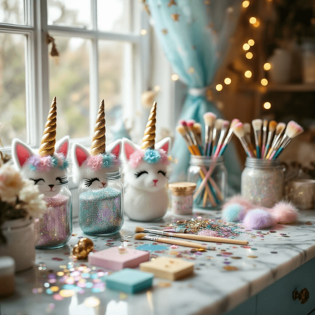 Close-up of a DIY decoration station featuring glittery unicorn horns, pastel cat ears, and iridescent confetti on a marble countertop, illuminated by soft window light. Vintage mason jars filled with paint brushes and colorful markers complement the scene, with a sheer curtain of fairy lights in the background, creating a cozy, magical atmosphere.