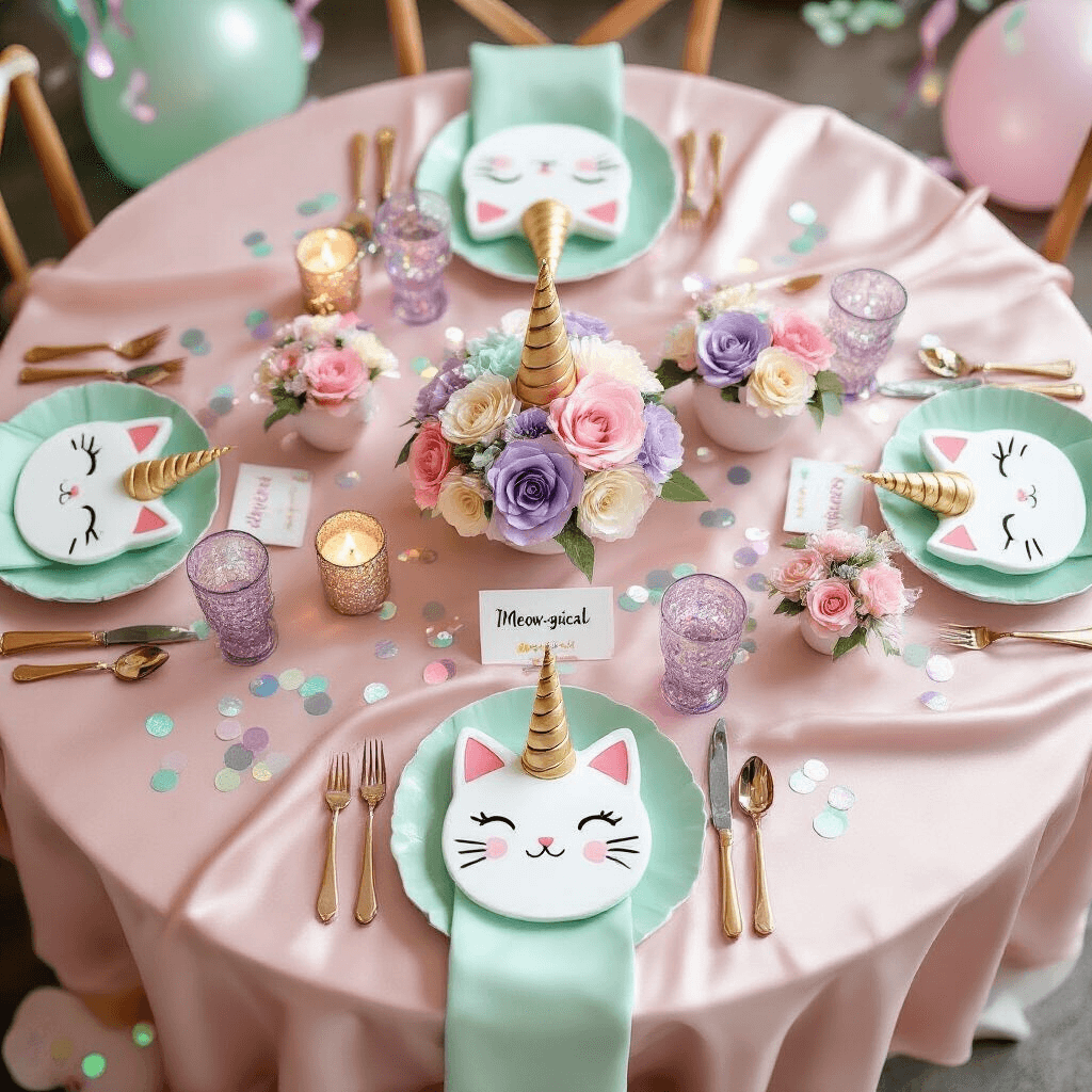 Overhead view of a caticorn party tablescape featuring a blush pink silk tablecloth, mint green and lavender place settings with whimsical cat-shaped plates topped with unicorn horns, pastel DIY paper flower centerpieces, glittering candle holders, and 'meow-gical' place cards, framed by balloon garlands and shimmering streamers.