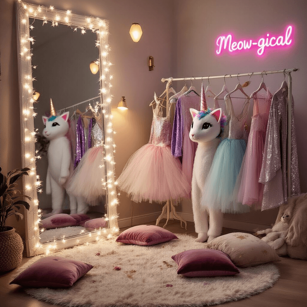 A whimsical caticorn costume dress-up corner in a modern apartment, featuring a full-length mirror with twinkling lights, vintage clothing rack with pastel tutus and sequined capes, cozy plush rug with cushions, warm ambient lighting, and a neon 'Meow-gical' sign.