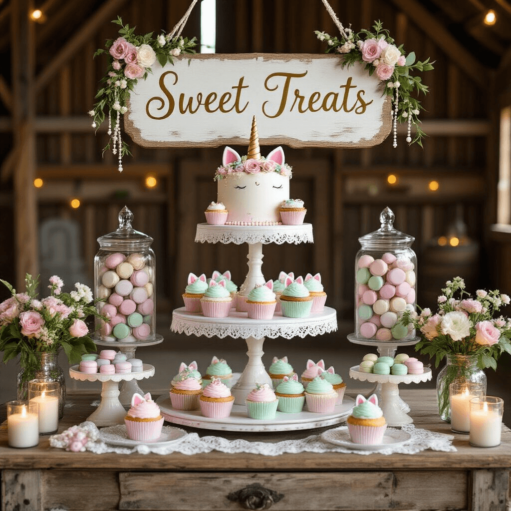 An ornate caticorn-themed dessert cart in a rustic barn, featuring pastel-frosted cupcakes with fondant cat ears and unicorn horns, colorful macarons in glass jars, glittery cake pops, and a 'Sweet Treats' sign, all illuminated by soft candlelight and adorned with fresh flowers.