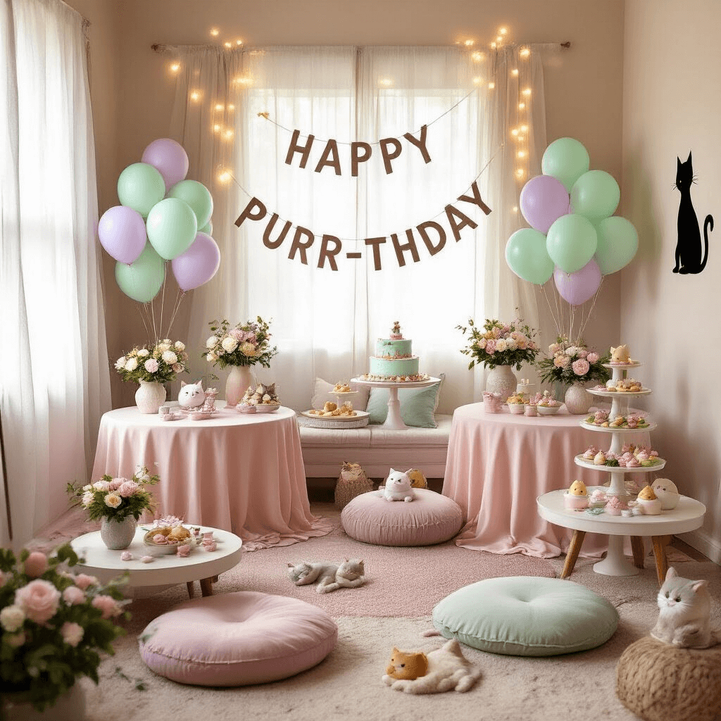 A whimsical cat birthday celebration in a cozy living room, featuring pastel decor, balloon bouquets, a 'Happy Purr-thday' banner, a dessert cart with cat-shaped treats, floor cushions, floral centerpieces in cat planters, fairy lights, and a tiered fish-shaped birthday cake surrounded by cat toy party favors.